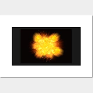 Massive fiery explosion with sparks on black background Posters and Art